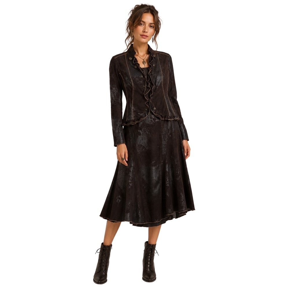 Extenzo Paris Vegan Faux Croc Ruffle Jacket Skirt Set French 44 Medium Brown